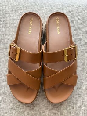 Cole Haan Fraya Slide Sandals Dark Caramel Leather Buckle Grand 360 Size 9.5